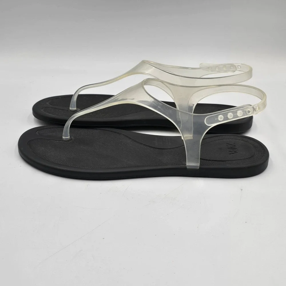 Zara Sandals Womens 38 Jelly T-Strap Black Clear EUC Summer Beach Comfort